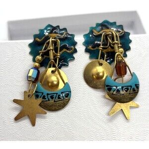 Vintage Lunch at the Ritz‎ Gold Tone Enamel Southwestern Dangle Pierced Earrings